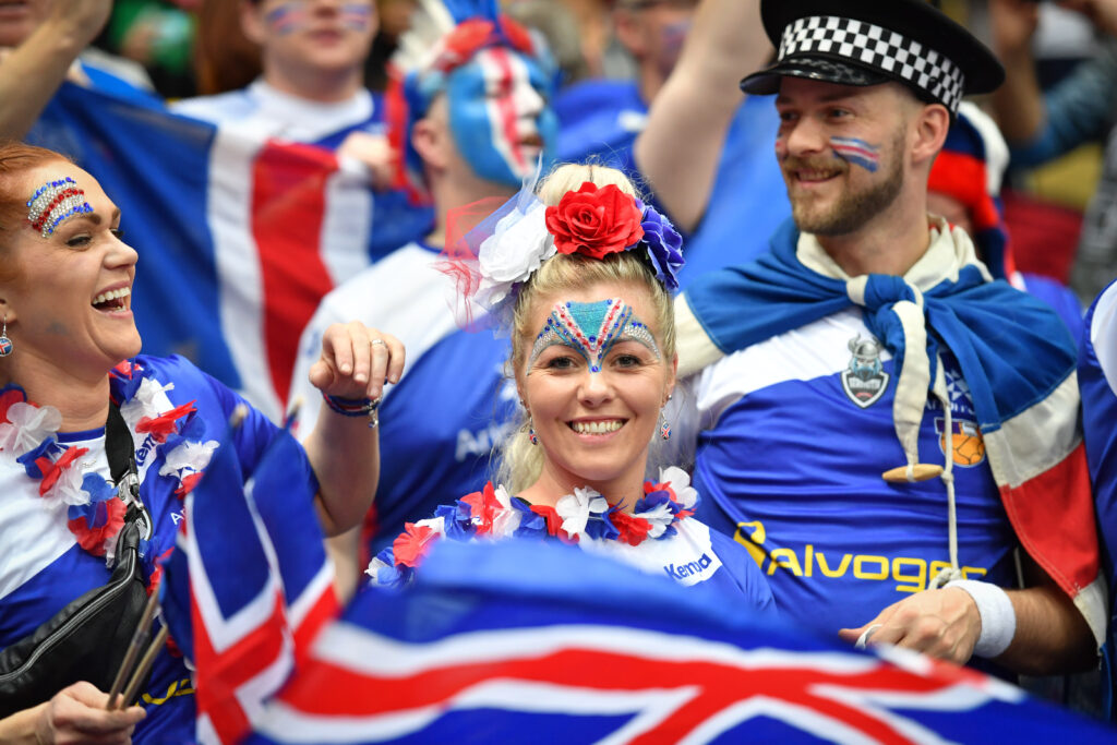 MUNICH, GERMANY - JANUARY 13: Fans of Iceland during the 26th IHF Men's World Championship group B match between Spain and Iceland at Olympiahalle on January 13, 2019 in Munich, Germany. Copyright Carsten Harz - www.carstenharz.com